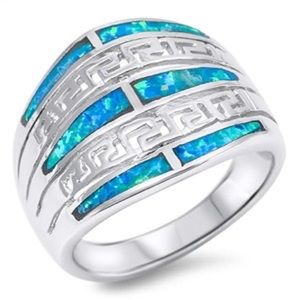 Vintage Style Lab Created Blue Opal Statement Ring in 925 Sterling Silver